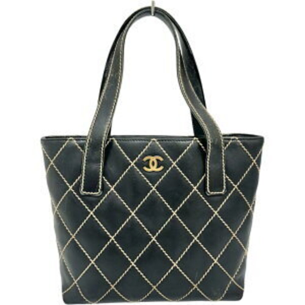 CHANEL Wild Stitch Tote Bag Shoulder Seal Handbag Leather Black